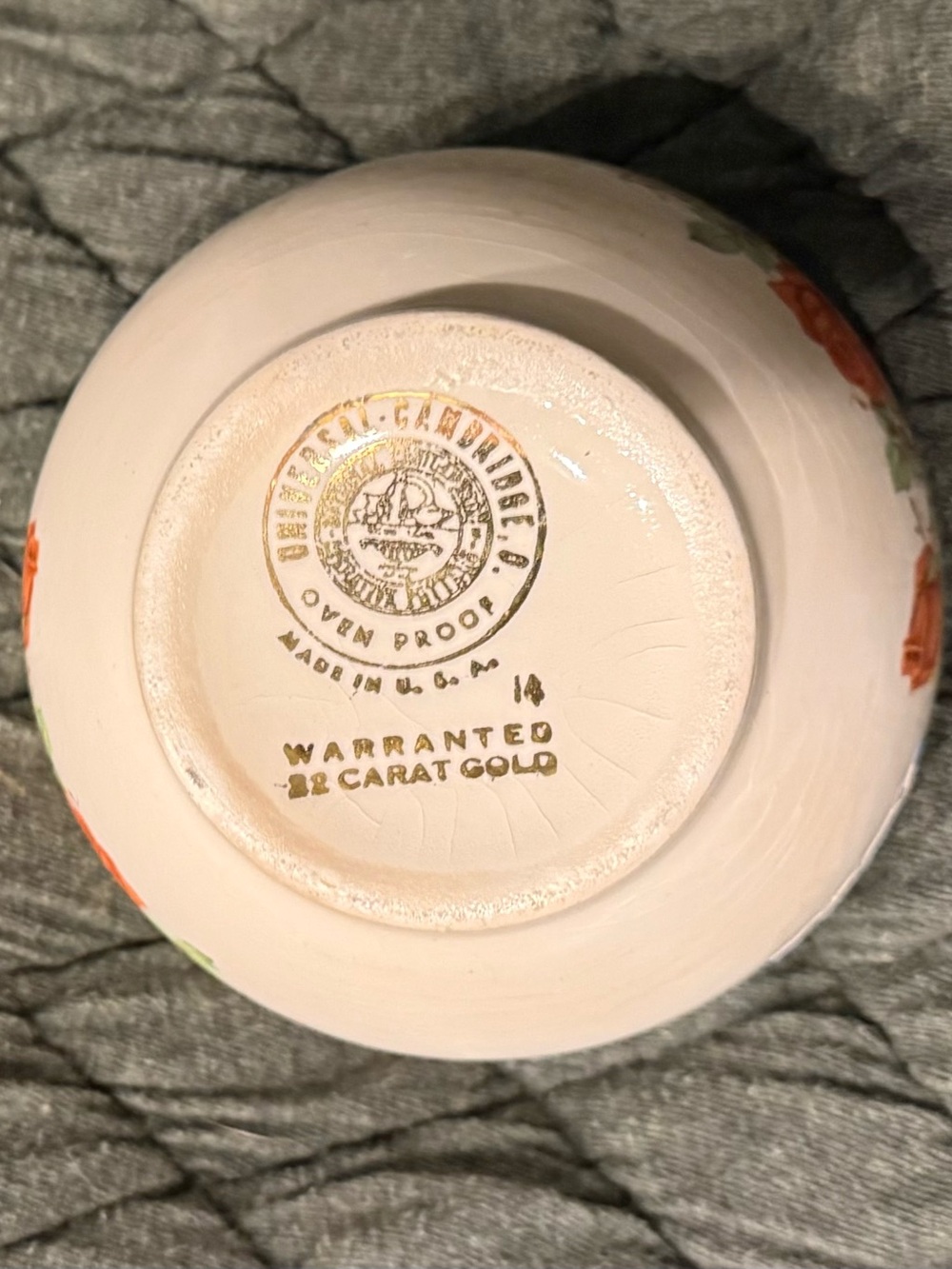 Vintage Universal Cambridge Ceramic Bowl Orange Floral Design and 22K Gold Trim